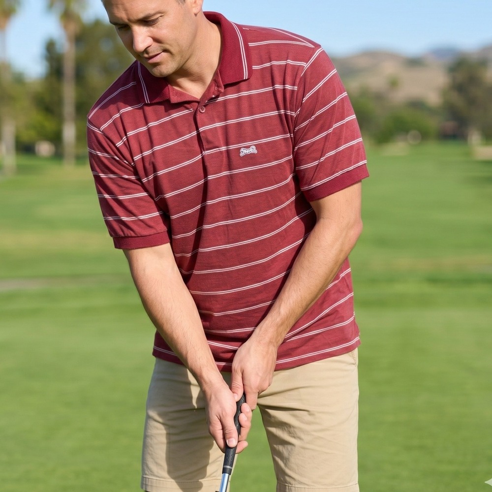 Vintage Le Tigre Polo Shirt Mens XL Burgundy Striped Made In USA Dacron Blend